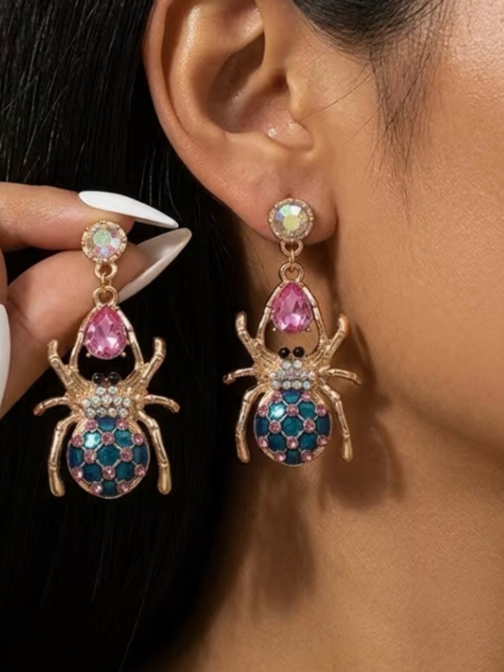 NWT Gold-Tone Spider Drop Earrings with Pink and Teal Crystals